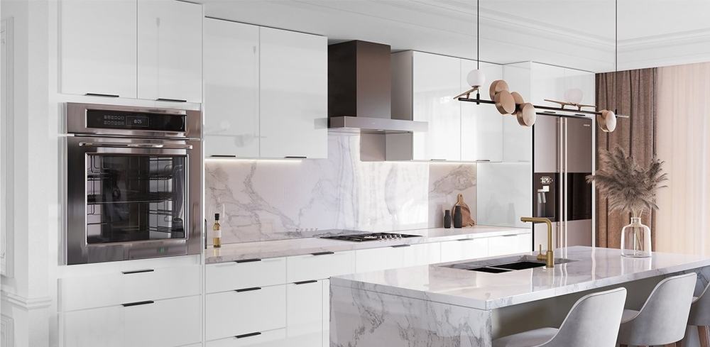 Bianco Gloss kitchen cabinets installed