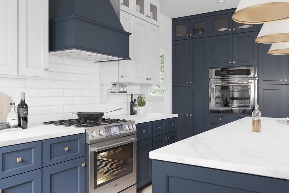 Esca Blue kitchen cabinets installed