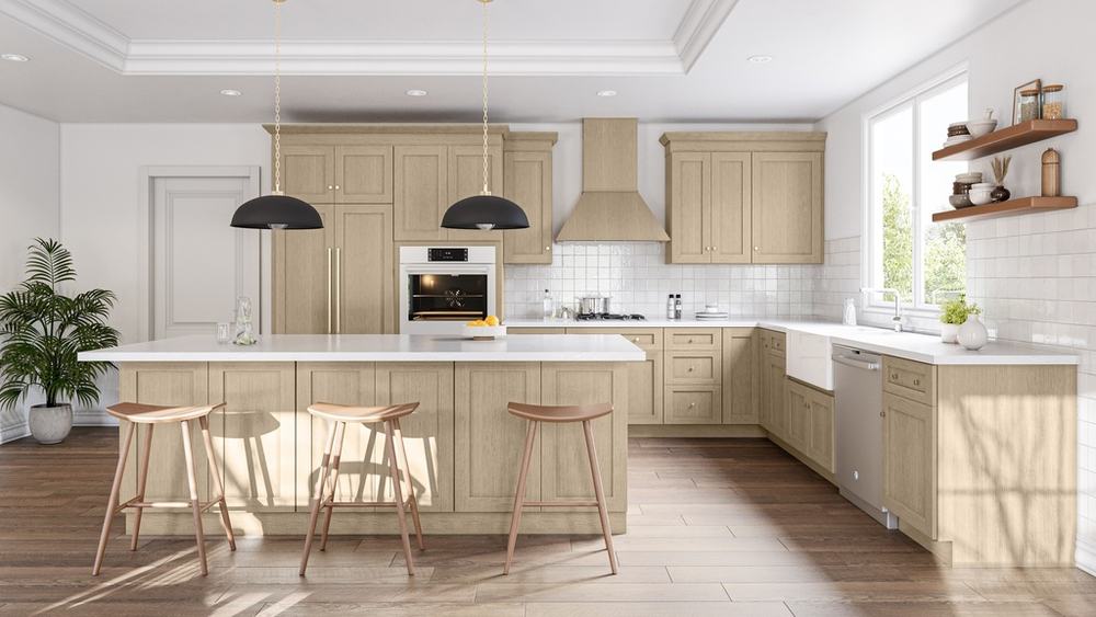 Galaxy Desert Oak kitchen cabinets installed