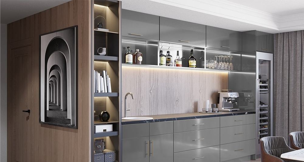 Grigio Gloss kitchen cabinets installed