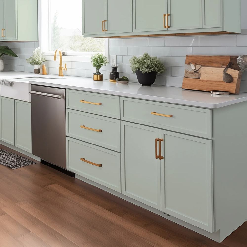 Newtone Green kitchen cabinets installed