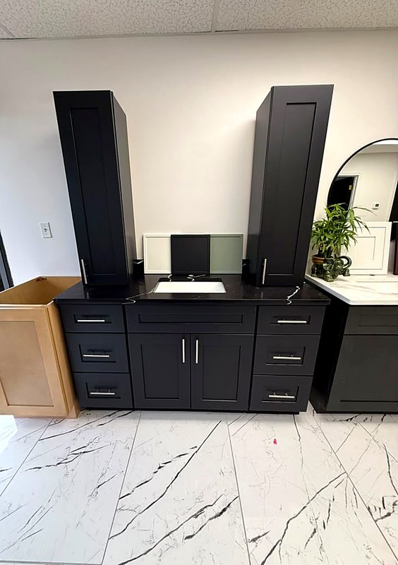 Black shaker bathroom vanity display with black quartz top, white undermount — bathroom vanity by MNK Cabinet in Norcross, GA