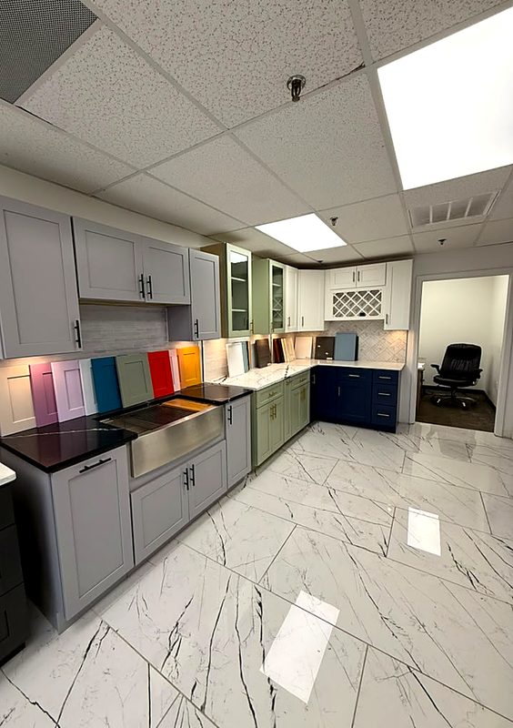 Gray shaker display kitchen at the MNK Cabinet showroom in Norcross