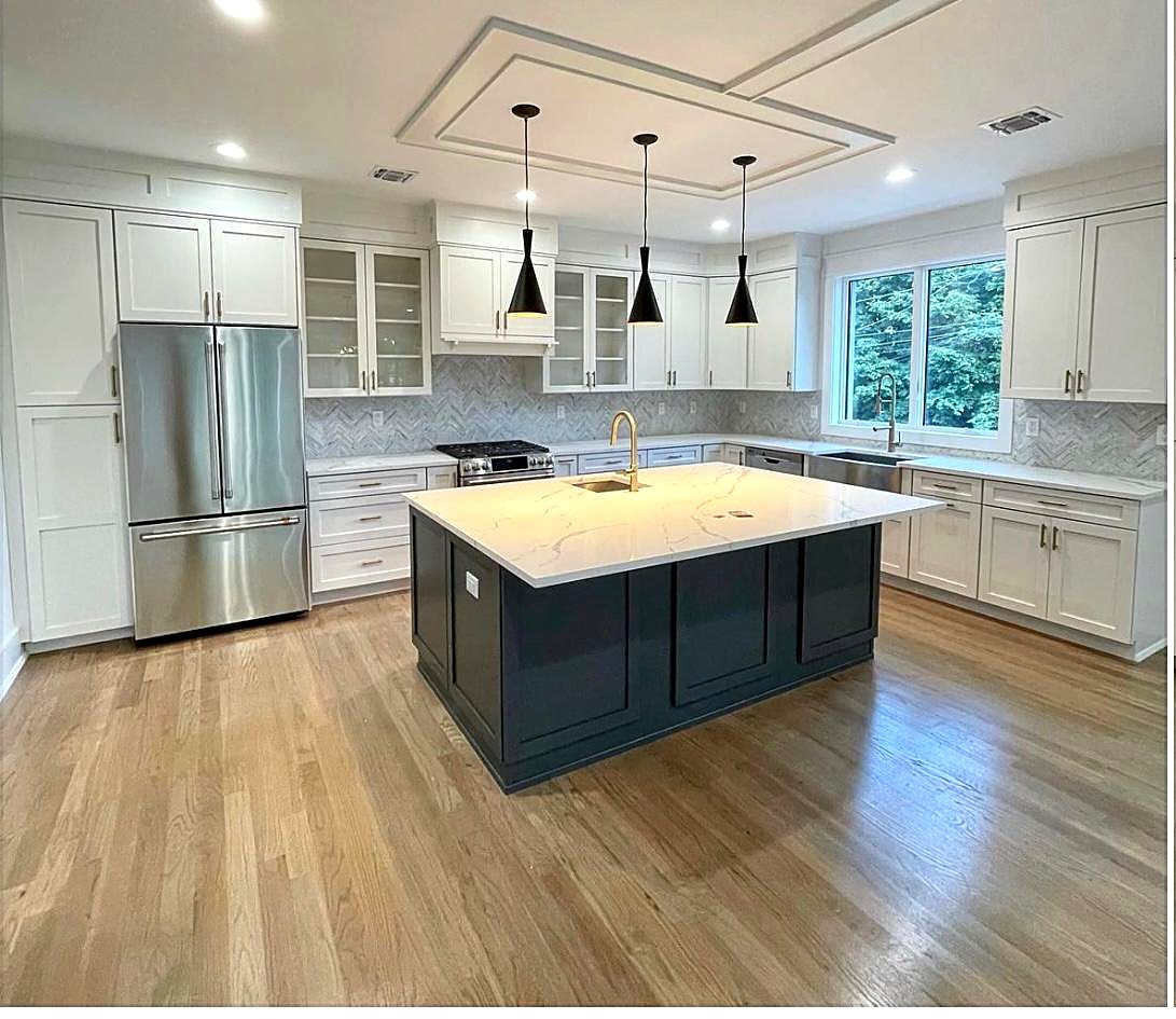 White Perimeter Cabinets; Dark Navy Island Kitchen Remodel by MNK Cabinet - Kitchen & Bath Cabinets project photo